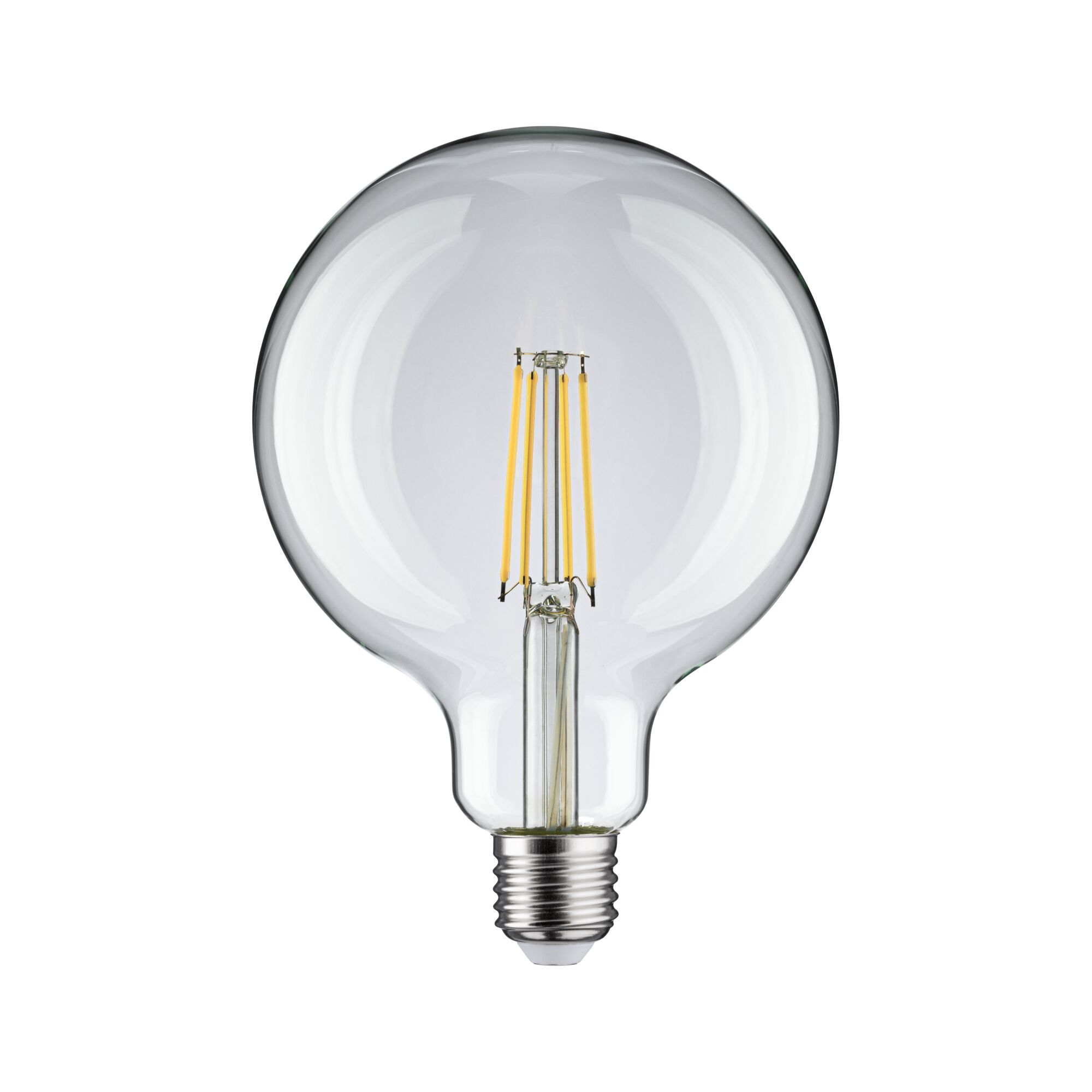 Ampoule LED en verre transparent avec filaments jaunes visibles et culot E27 pour éclairage économique
