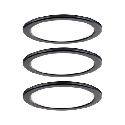 Trois spots encastrés LED ronds noirs avec lumière blanche pour éclairage intérieur moderne.