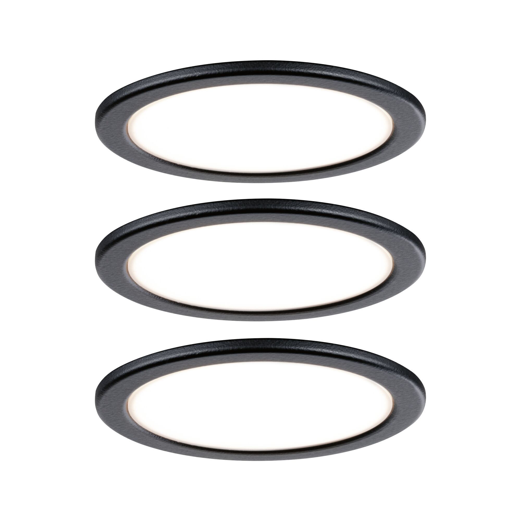 Drie ronde zwarte LED-inbouwspots met wit licht voor moderne binnenverlichting.