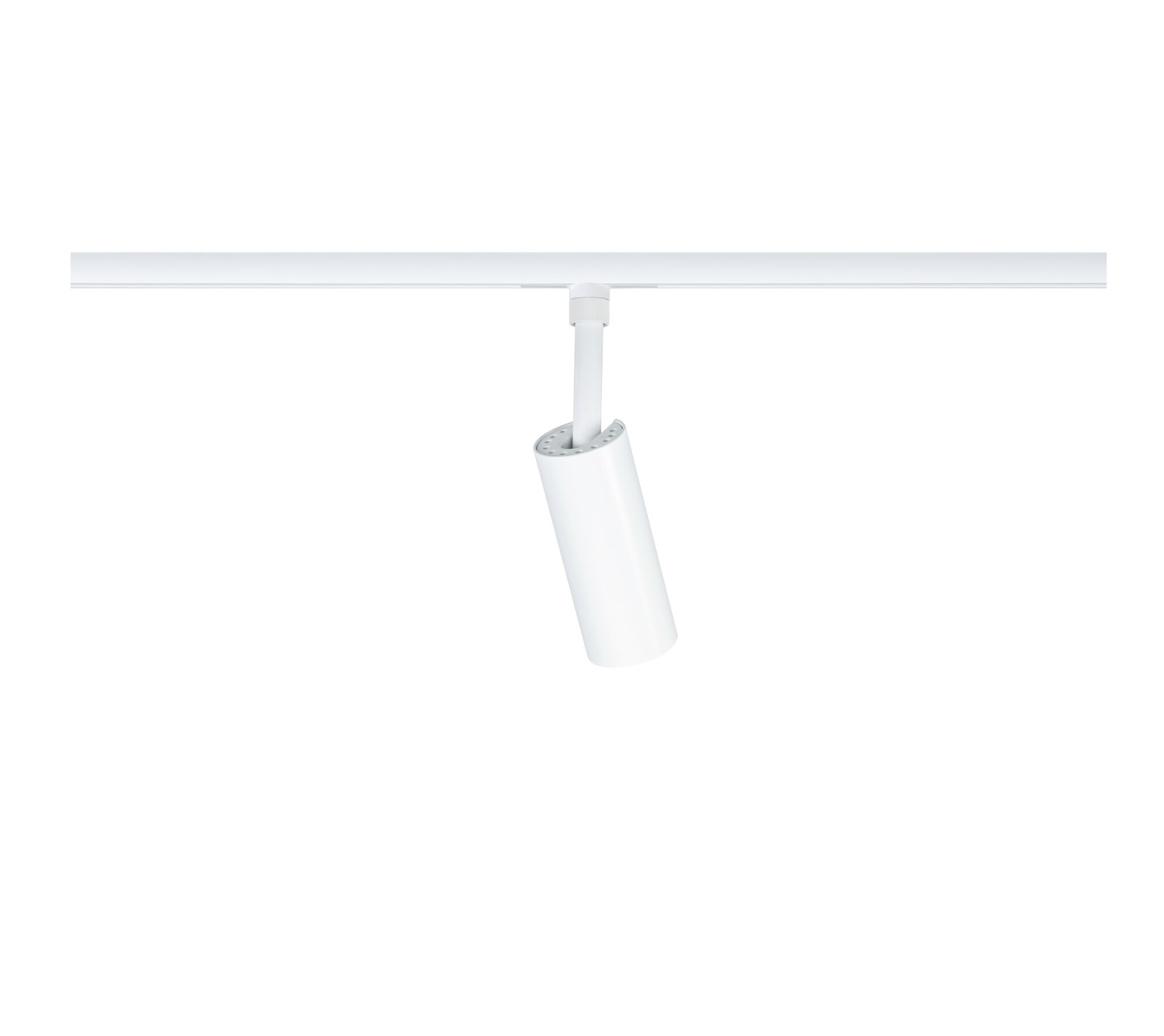 Moderner weißer LED-Strahler aus Metall an Schienensystem für flexible Beleuchtung