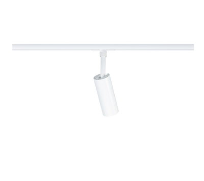 Moderner weißer LED-Strahler aus Metall an Schienensystem für flexible Beleuchtung