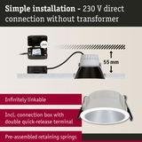White LED recessed spotlight with 55 mm depth and connection box for 230 V direct wiring without transformer