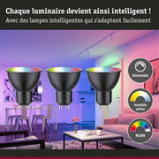 Trois spots LED noirs dimmables avec blanc réglable et contrôle RGBW pour éclairage intelligent