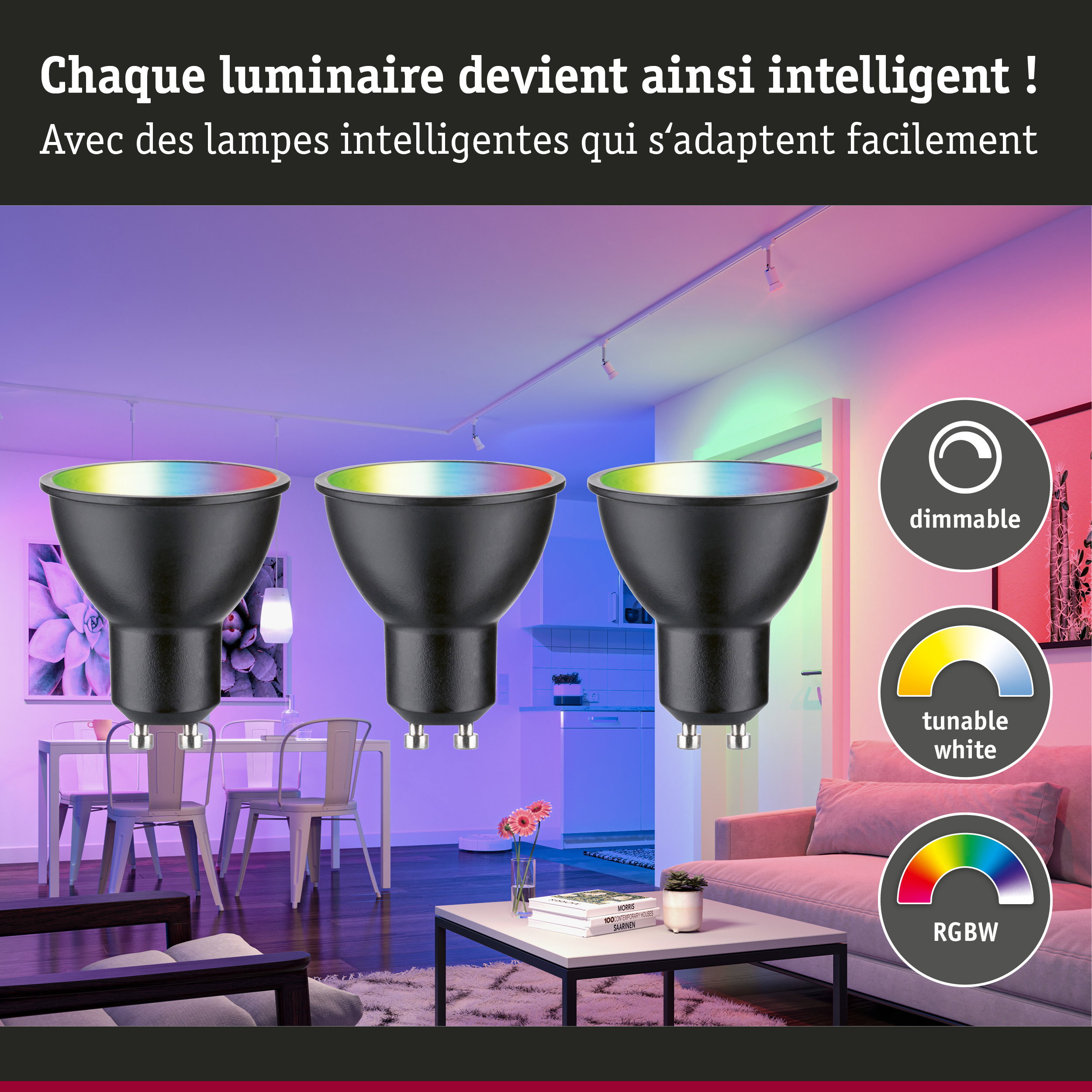 Trois spots LED noirs dimmables avec blanc réglable et contrôle RGBW pour éclairage intelligent