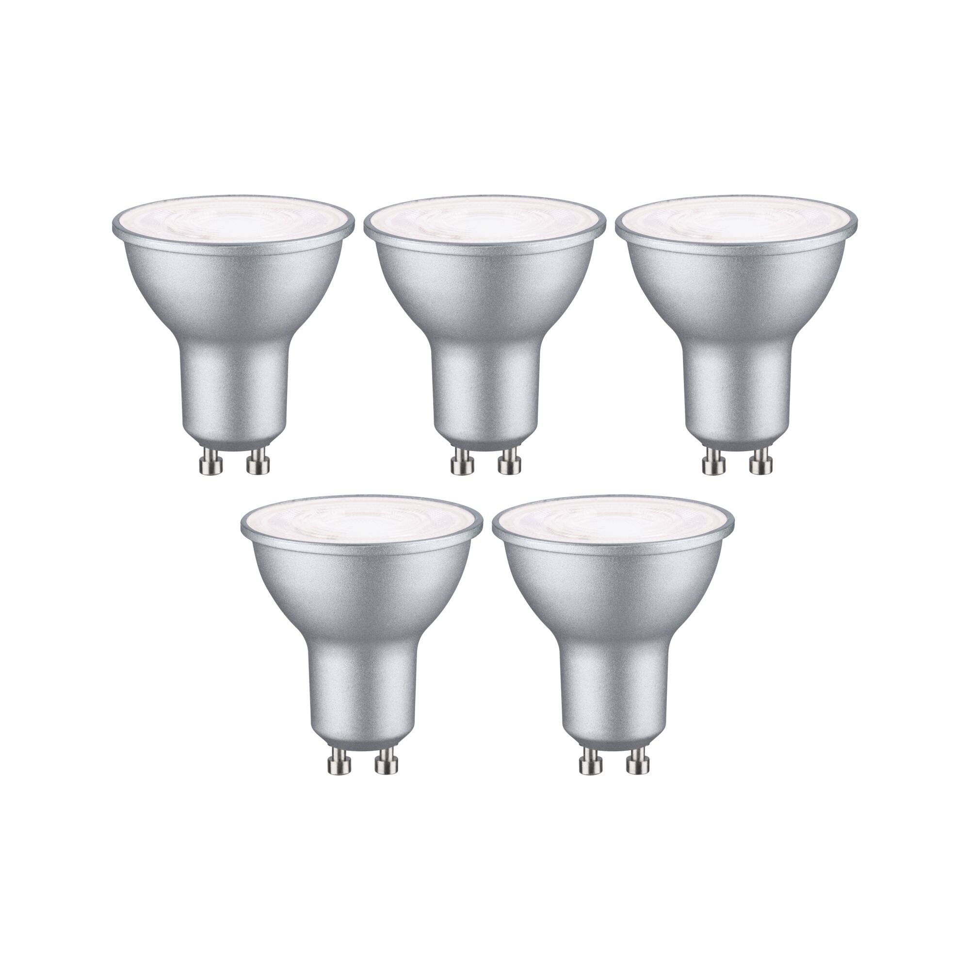 Fünf silberne GU10 LED-Strahler mit mattierter Oberfläche für energiesparende Beleuchtung.