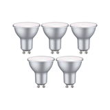 Fünf silberne GU10 LED-Strahler mit mattierter Oberfläche für energiesparende Beleuchtung.