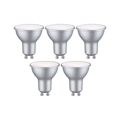 Fünf silberne GU10 LED-Strahler mit mattierter Oberfläche für energiesparende Beleuchtung.