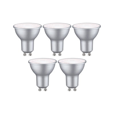 Five silver GU10 LED spotlights with matte finish for energy-efficient lighting solutions.