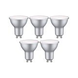 Fem sølvfarvede GU10 LED-spotlys med mat finish til energieffektiv belysning.