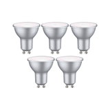 Five silver GU10 LED spotlights with matte finish for energy-efficient lighting solutions.