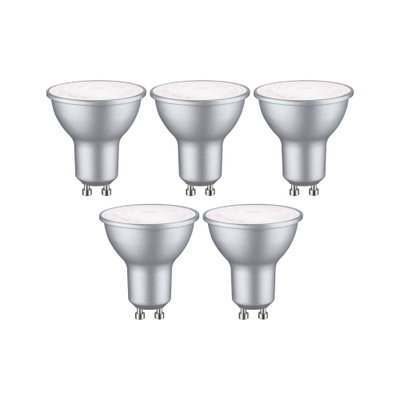 Five silver GU10 LED spotlights with matte finish for energy-efficient lighting solutions.