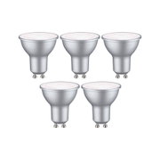 Five silver GU10 LED spotlights with matte finish for energy-efficient lighting solutions.