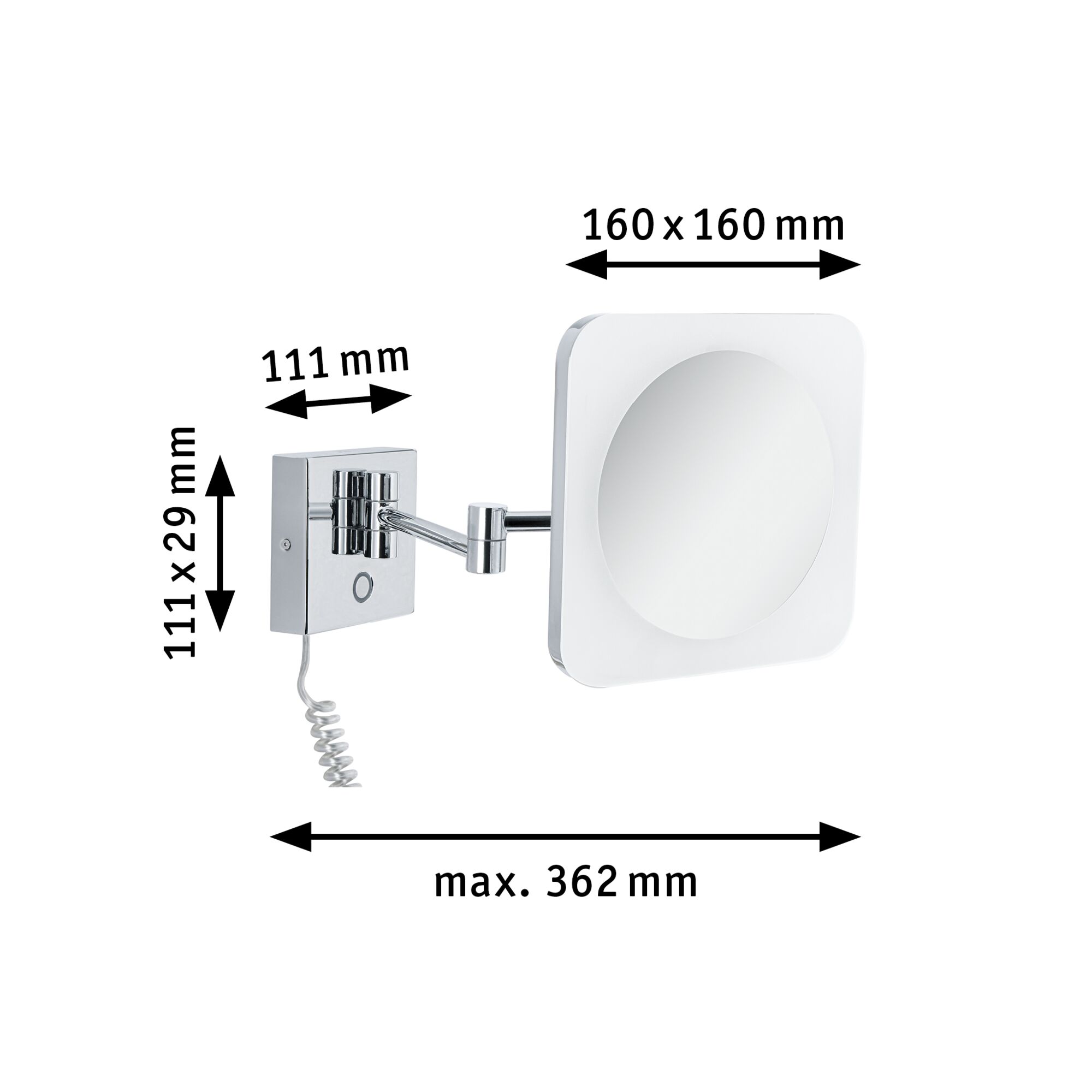 Wall mirror with chrome metal arm and LED light, dimensions 160x160 mm, extendable up to 362 mm.
