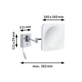 Wall mirror with chrome metal arm and LED light, dimensions 160x160 mm, extendable up to 362 mm.