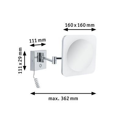 Wall mirror with chrome metal arm and LED light, dimensions 160x160 mm, extendable up to 362 mm.