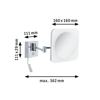Wandspiegel mit verchromtem Metallarm und LED-Beleuchtung, Maße 160x160 mm, ausziehbar bis 362 mm.