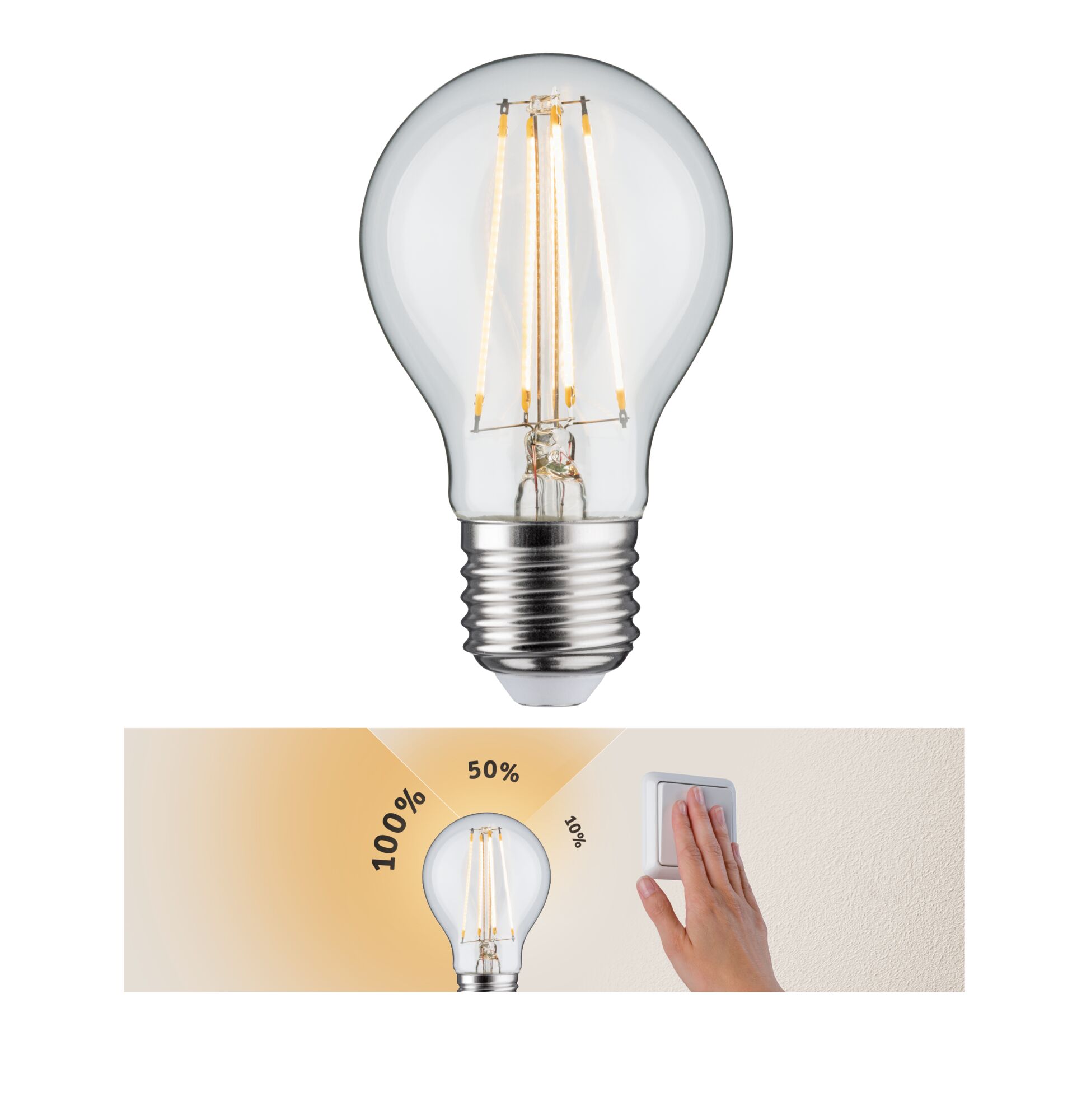 Filament 230 V 3-Step-Dim LED-pære E27 806lm 8W 2700K dæmpbar Klar Dæmpbar LED-pære med klart glas og justerbar lysstyrke fra 10 til 100 procent