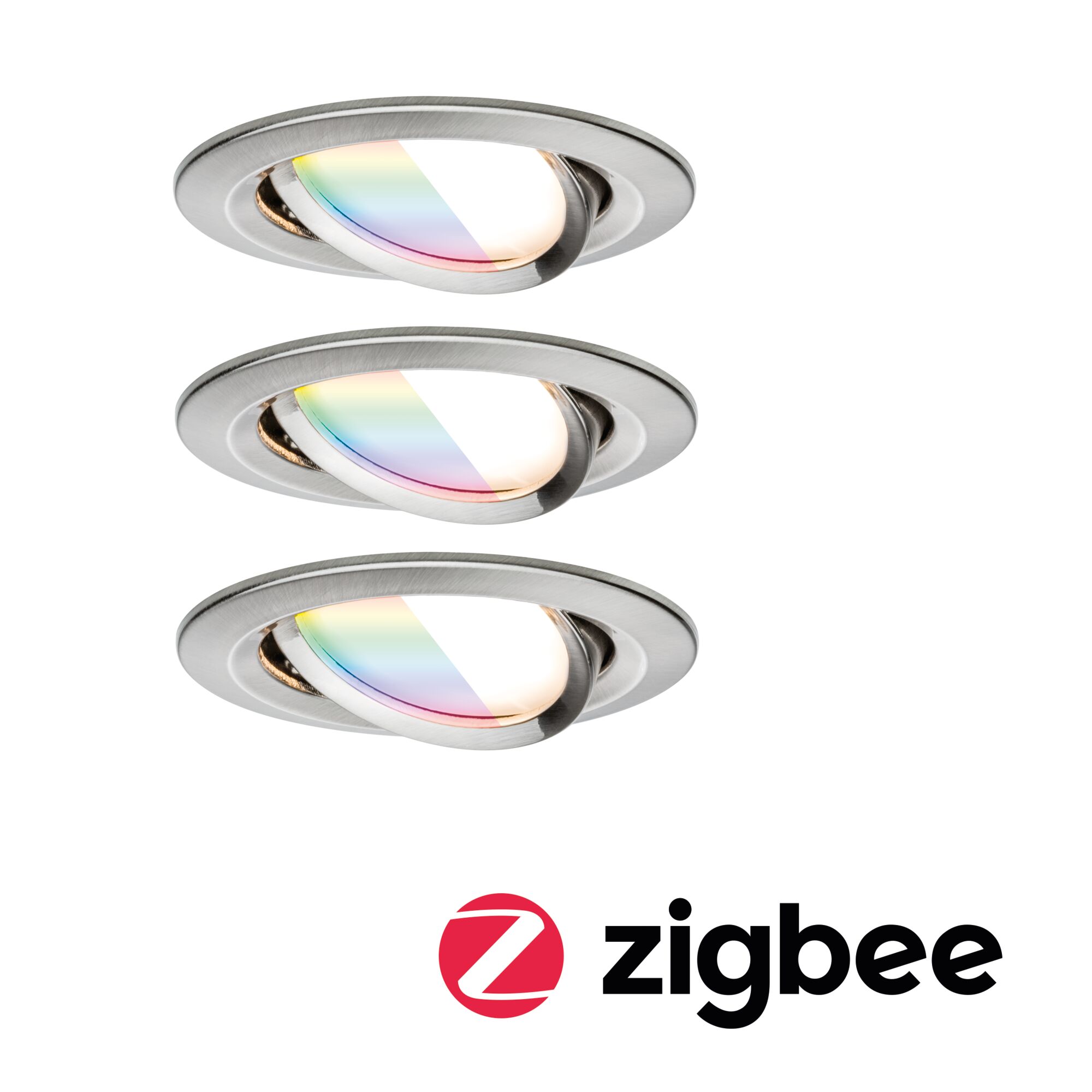 Oświetlenie wpuszczane LED Nova Coin okrągły 84mm 50° RGBW+ 3x6W 3x500lm 230V żelazo szczotkowane Aluminium Three round recessed spotlights in brushed aluminum with RGB color change and Zigbee control.