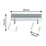 Moderne LED-Deckenleuchte mit zwei weißen quadratischen Leuchtflächen und Chromhalterung, 280 mm breit.