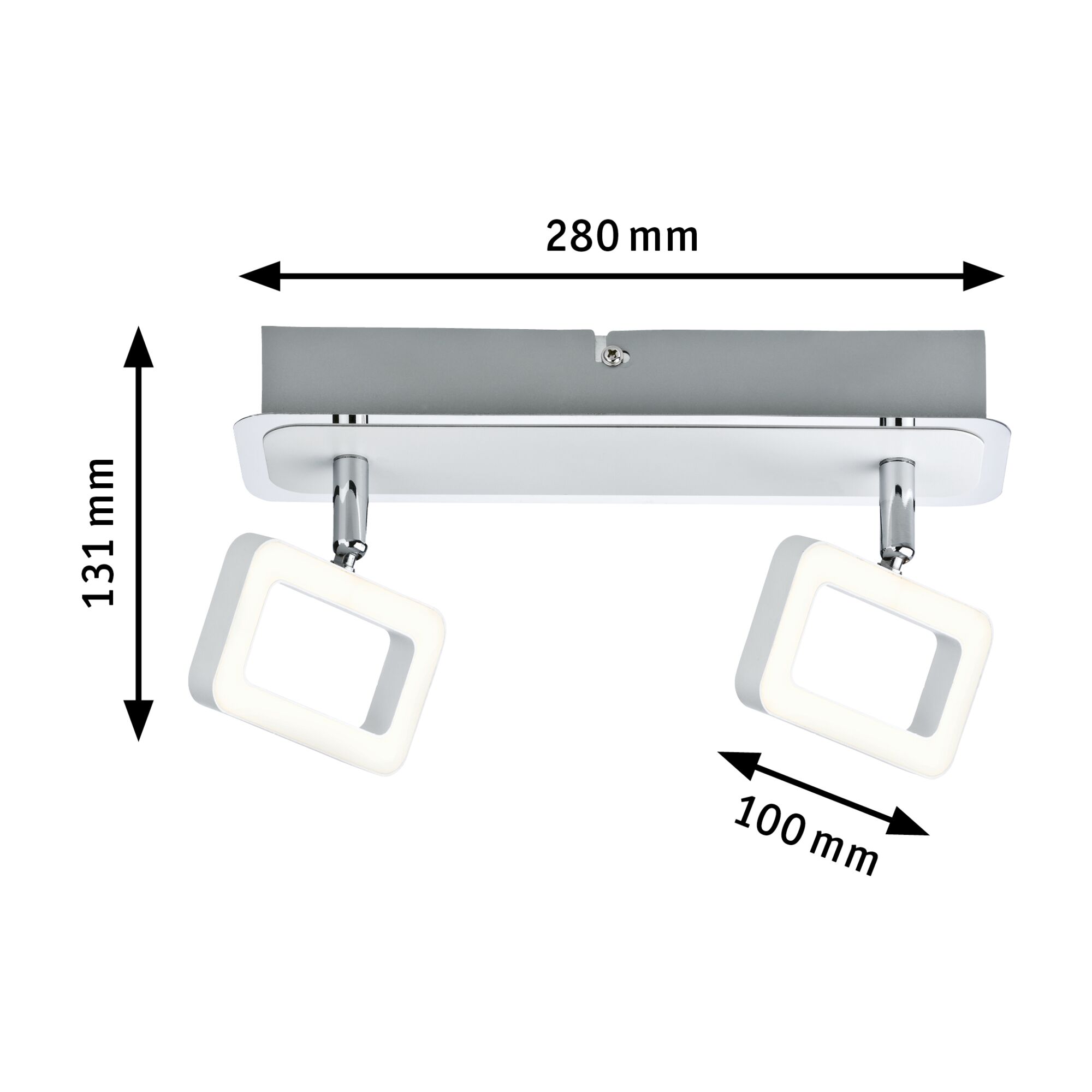 Moderne LED-Deckenleuchte mit zwei weißen quadratischen Leuchtflächen und Chromhalterung, 280 mm breit.