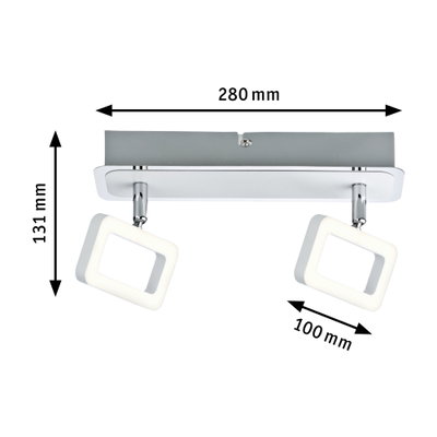 Moderne LED-Deckenleuchte mit zwei weißen quadratischen Leuchtflächen und Chromhalterung, 280 mm breit.
