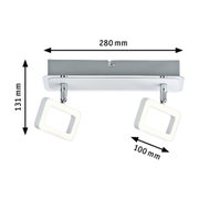 Plafonnier LED moderne avec deux panneaux lumineux carrés blancs et supports chromés, largeur 280 mm.