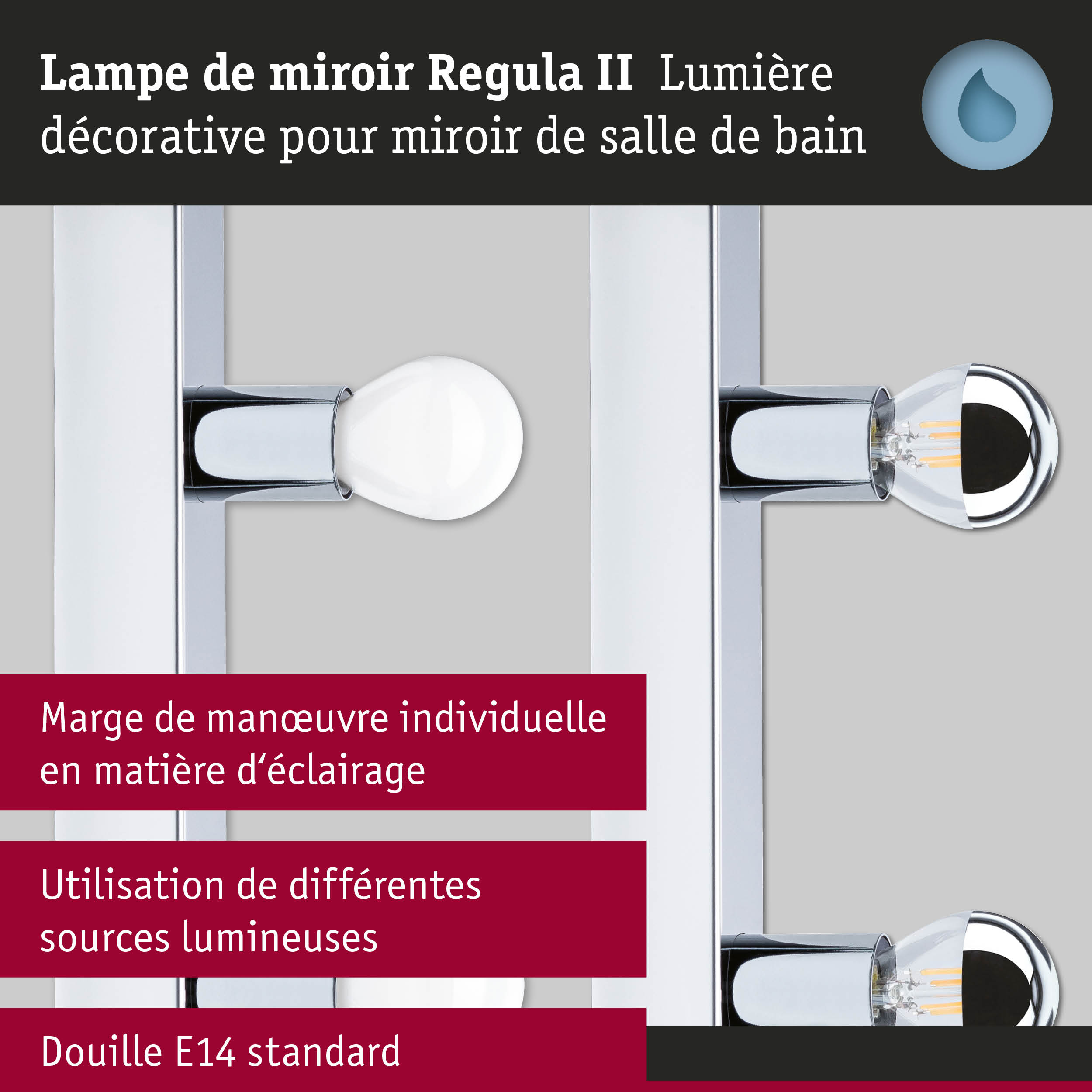 Lampe de miroir Regula II en chrome avec douille E14 pour éclairage de salle de bain