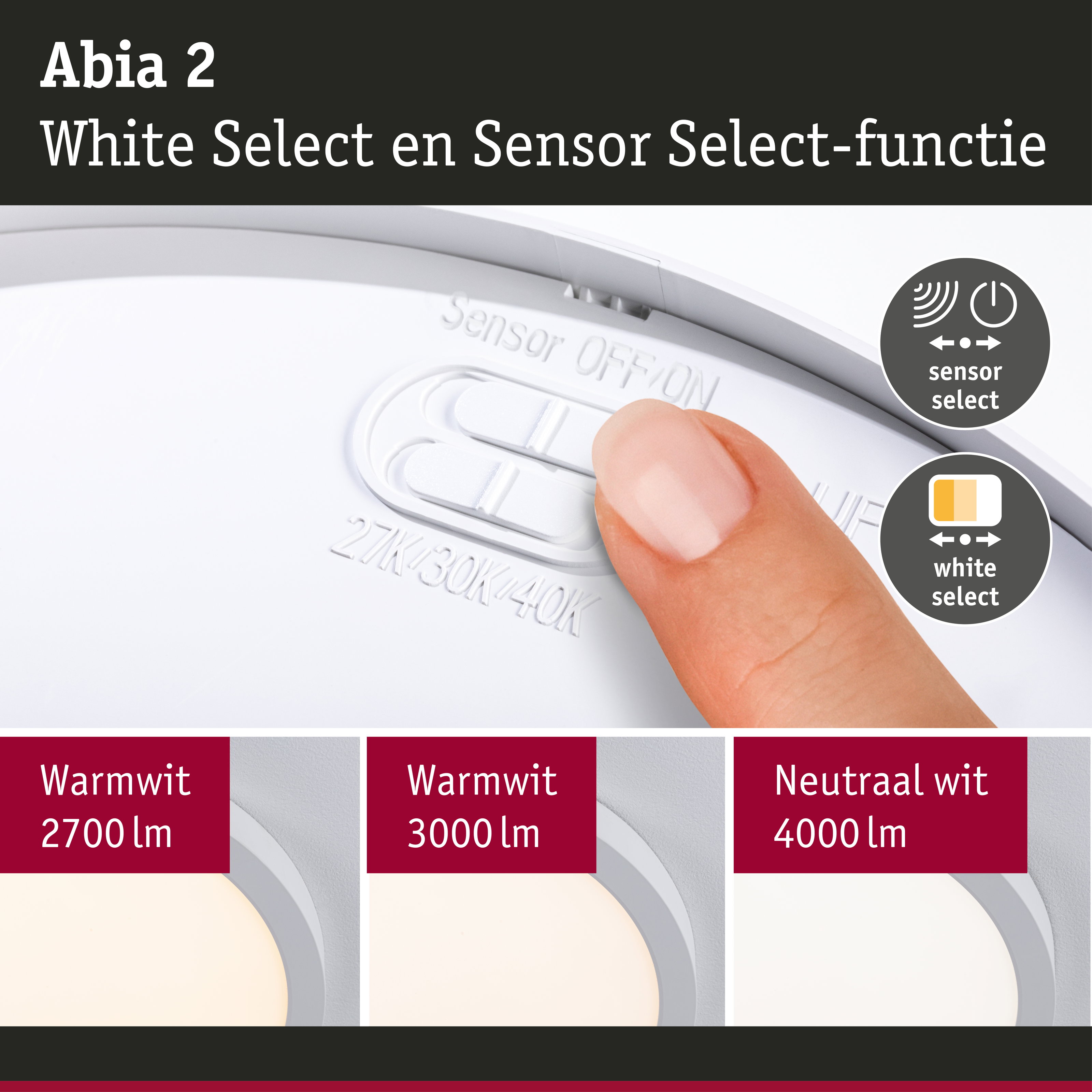 Abia 2 plafondlamp met sensor- en White Select-functie in wit voor instelbare verlichting.