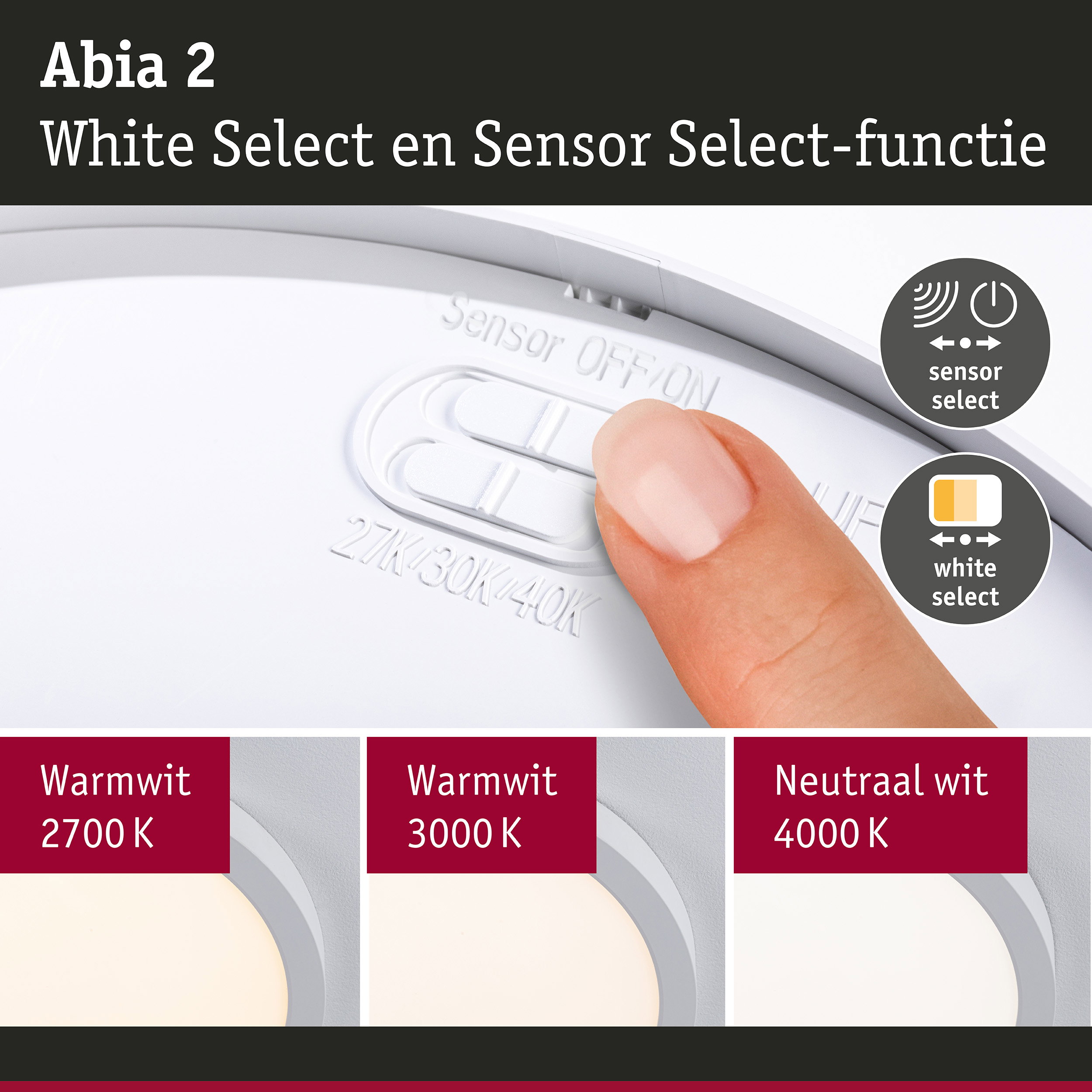 Abia 2 plafondlamp met sensor- en White Select-functie in wit voor instelbare verlichting.