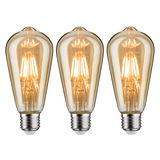 Drei vintage LED-Glühbirnen mit bernsteinfarbenem Glas und E27-Fassung für dekorative Beleuchtung