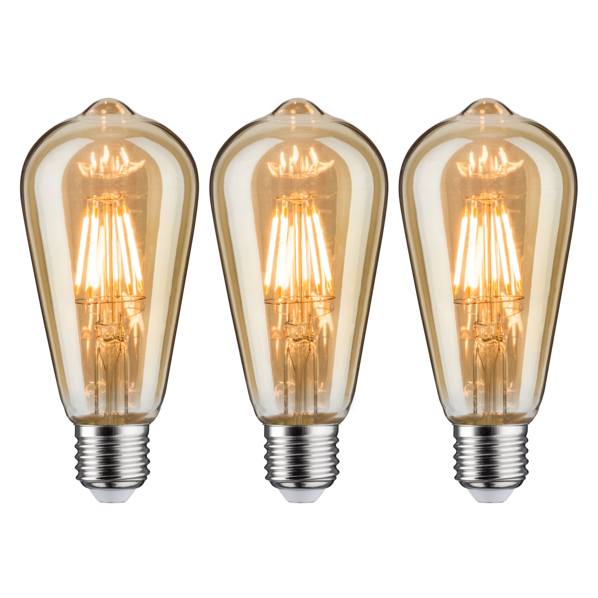 Drei vintage LED-Glühbirnen mit bernsteinfarbenem Glas und E27-Fassung für dekorative Beleuchtung
