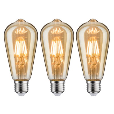 Drei vintage LED-Glühbirnen mit bernsteinfarbenem Glas und E27-Fassung für dekorative Beleuchtung