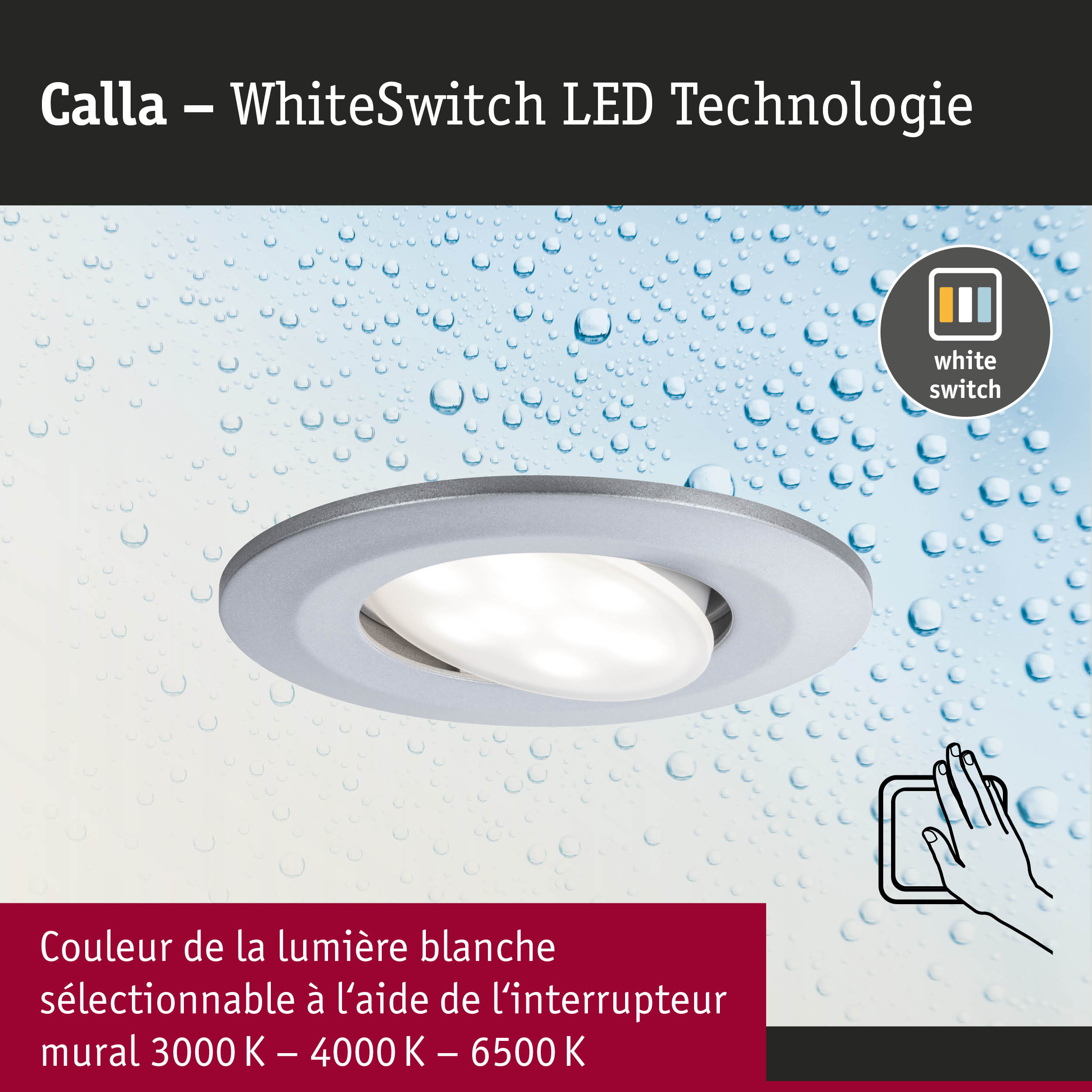 Spot encastré LED Calla avec technologie WhiteSwitch et couleur de lumière réglable en gris