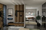 Modernes Wohnzimmer mit Holzpaneel, Sitzbank und indirekter LED-Beleuchtung für gemütliche Atmosphäre