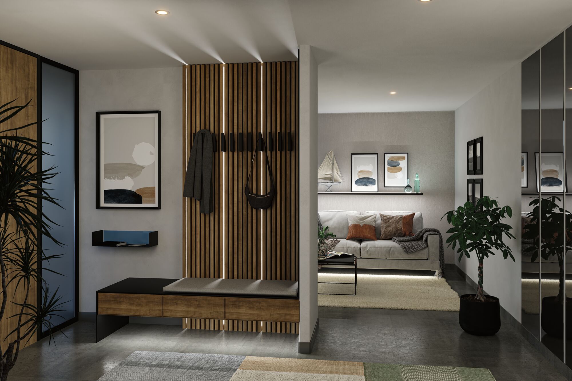 Salon moderne avec panneau en bois, banc et éclairage LED indirect pour une ambiance chaleureuse