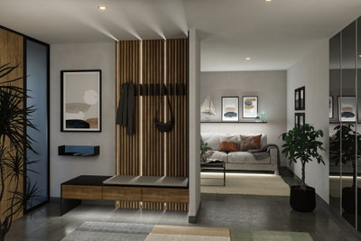 Lighting in the living area Modern living room with wooden panels, grey sofa, and indirect LED lighting creating a cozy atmosphere