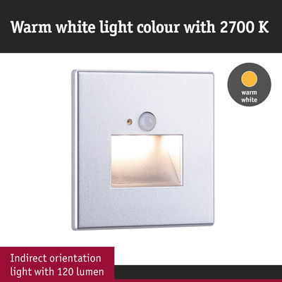Silver metal LED wall light with warm white indirect illumination and 120 lumens output