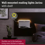 Wall-mounted Jarina reading light with white shelf and warm LED backlight for bedroom and living room
