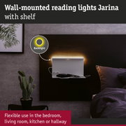 White wall-mounted reading light Jarina with shelf and warm LED backlight for bedroom and living room