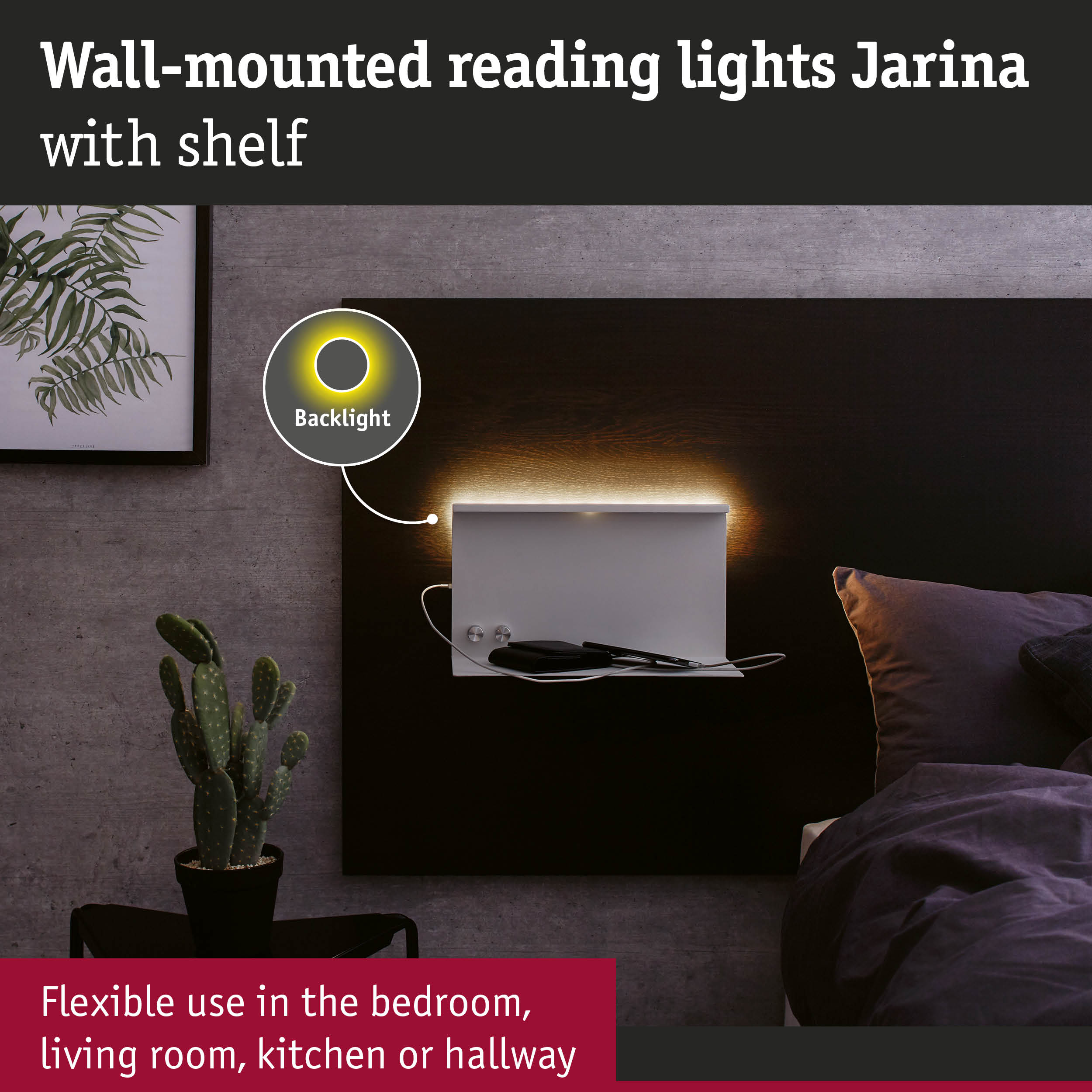 White wall-mounted reading light Jarina with shelf and warm LED backlight for bedroom and living room