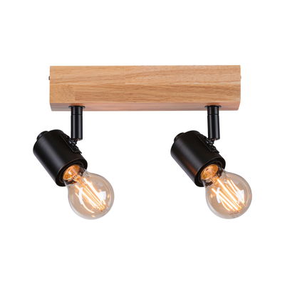 Plafondspot met houten basis en twee zwarte metalen lampen met warm LED-licht voor woonruimtes