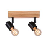 Plafondspot met houten basis en twee zwarte metalen lampen met warm LED-licht voor woonruimtes