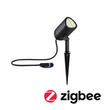 Black LED garden spotlight with ground spike and cable, compatible with Zigbee smart home system.