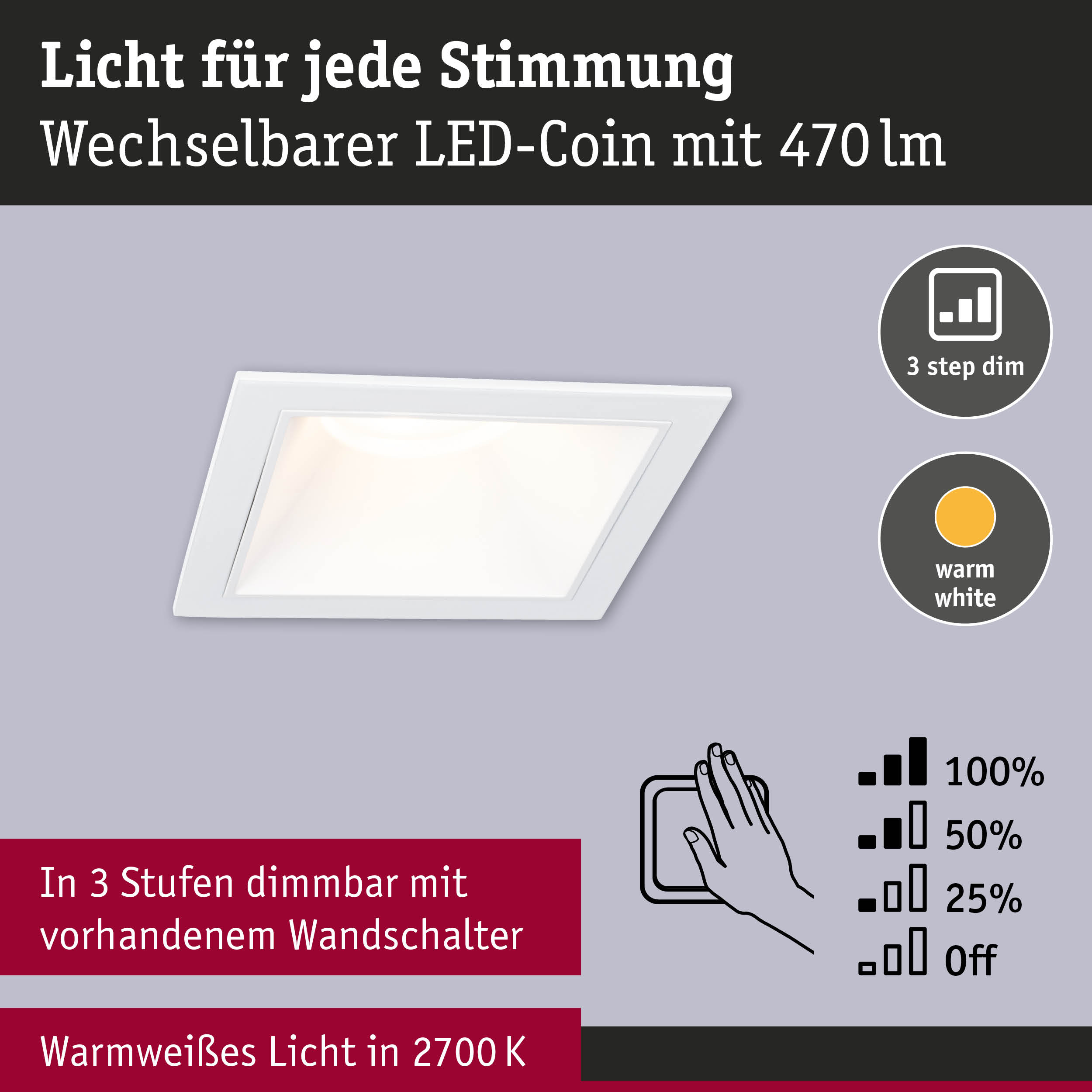 Weißer LED-Einbaustrahler mit 470 Lumen, warmweißem Licht und 3-Stufen-Dimmung per Wandschalter