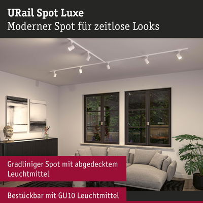 Weißer URail Spot Luxe Strahler mit abgedecktem Leuchtmittel an Decke in modernem Wohnzimmer