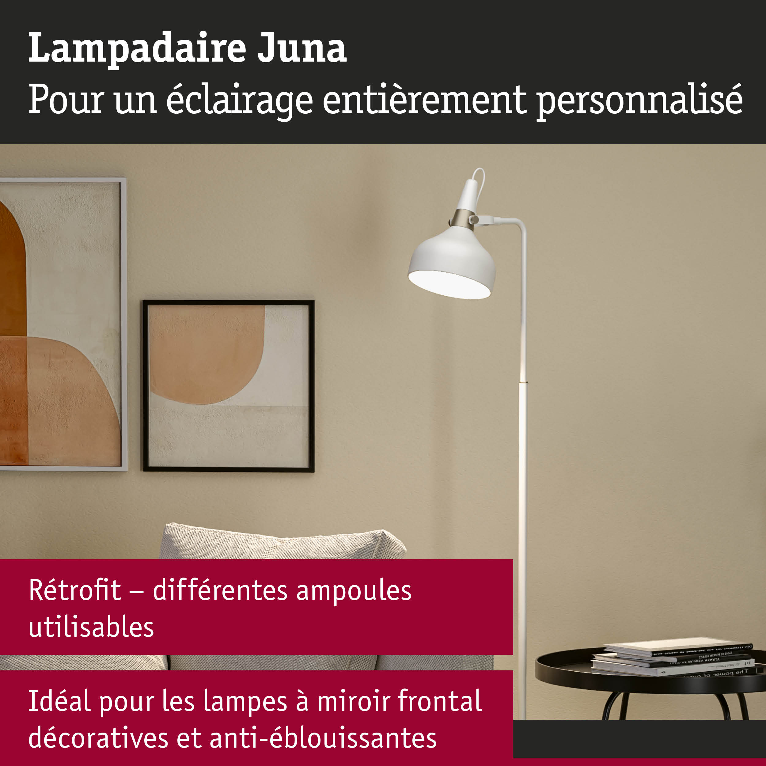 Lampadaire Juna blanc en métal avec abat-jour réglable pour un éclairage personnalisé