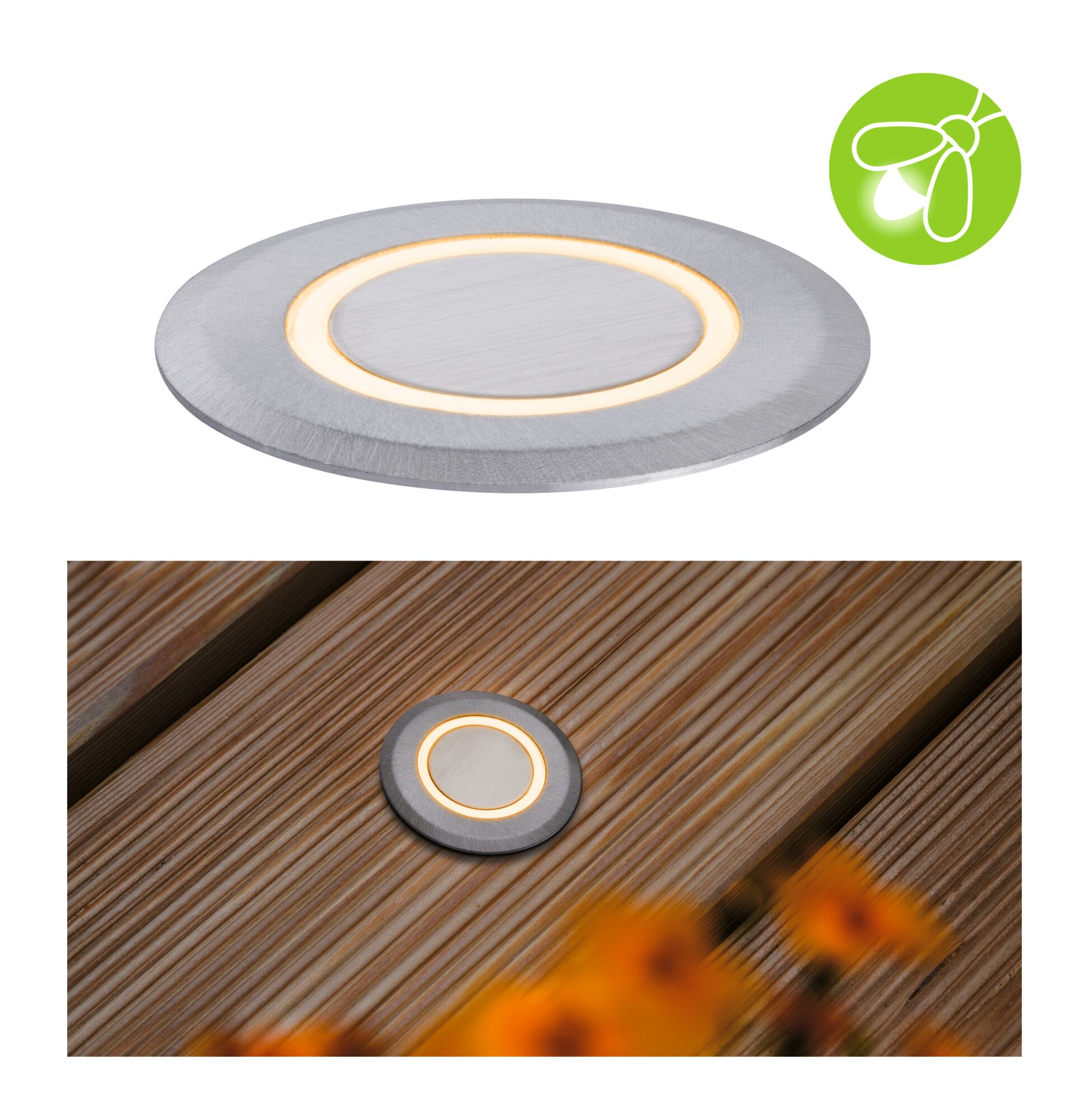 LED-grondinbouwlamp Floor insectvriendelijk IP67 rond 50mm 2200K 2,2W 15lm 230V Alu Kunststof/Metaal Ronde LED-inbouwspot van geborsteld aluminium met warm wit licht voor buitengebruik.