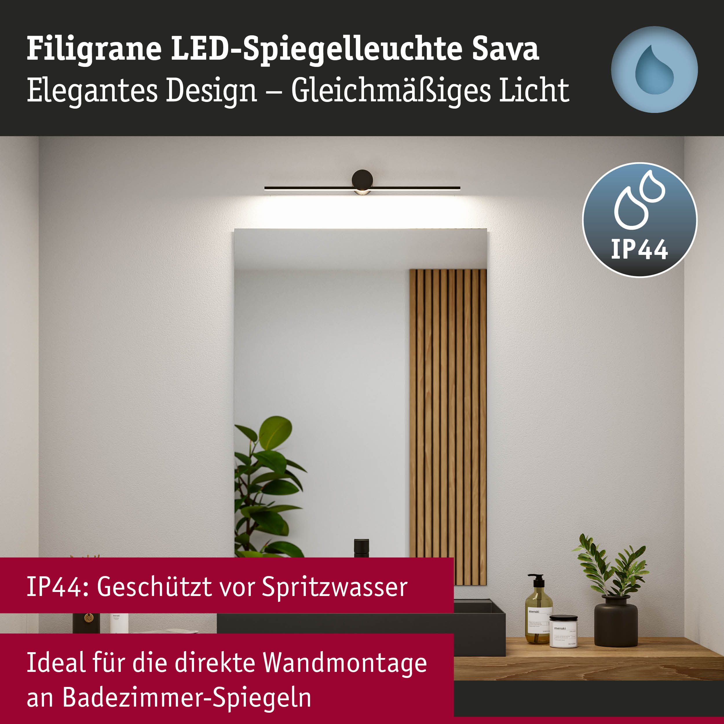 Filigrane LED-Spiegelleuchte Sava in Schwarz mit IP44 Schutz für Badezimmerwandmontage
