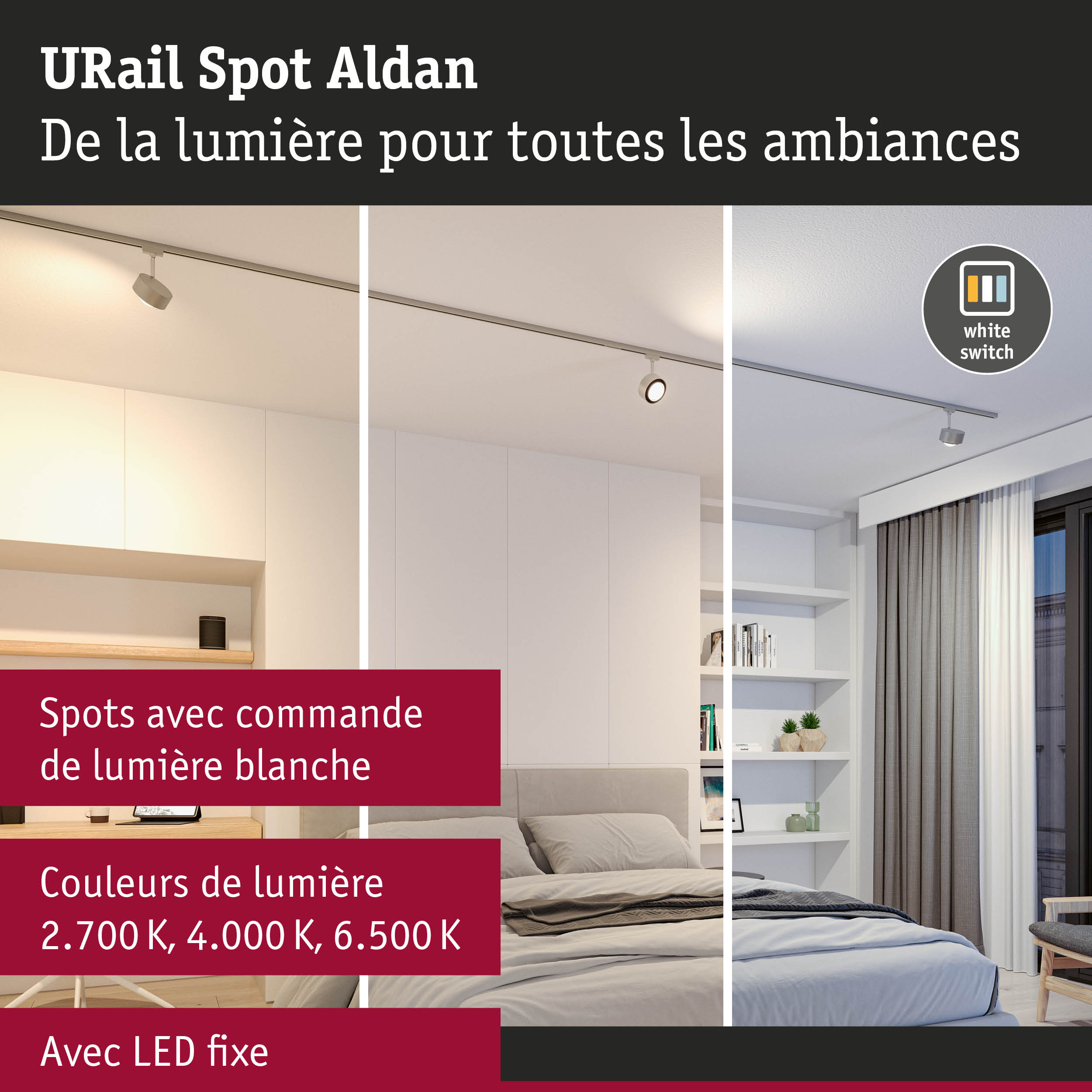 URail Spot Aldan spot LED blanc avec couleurs de lumière réglables et interrupteur blanc