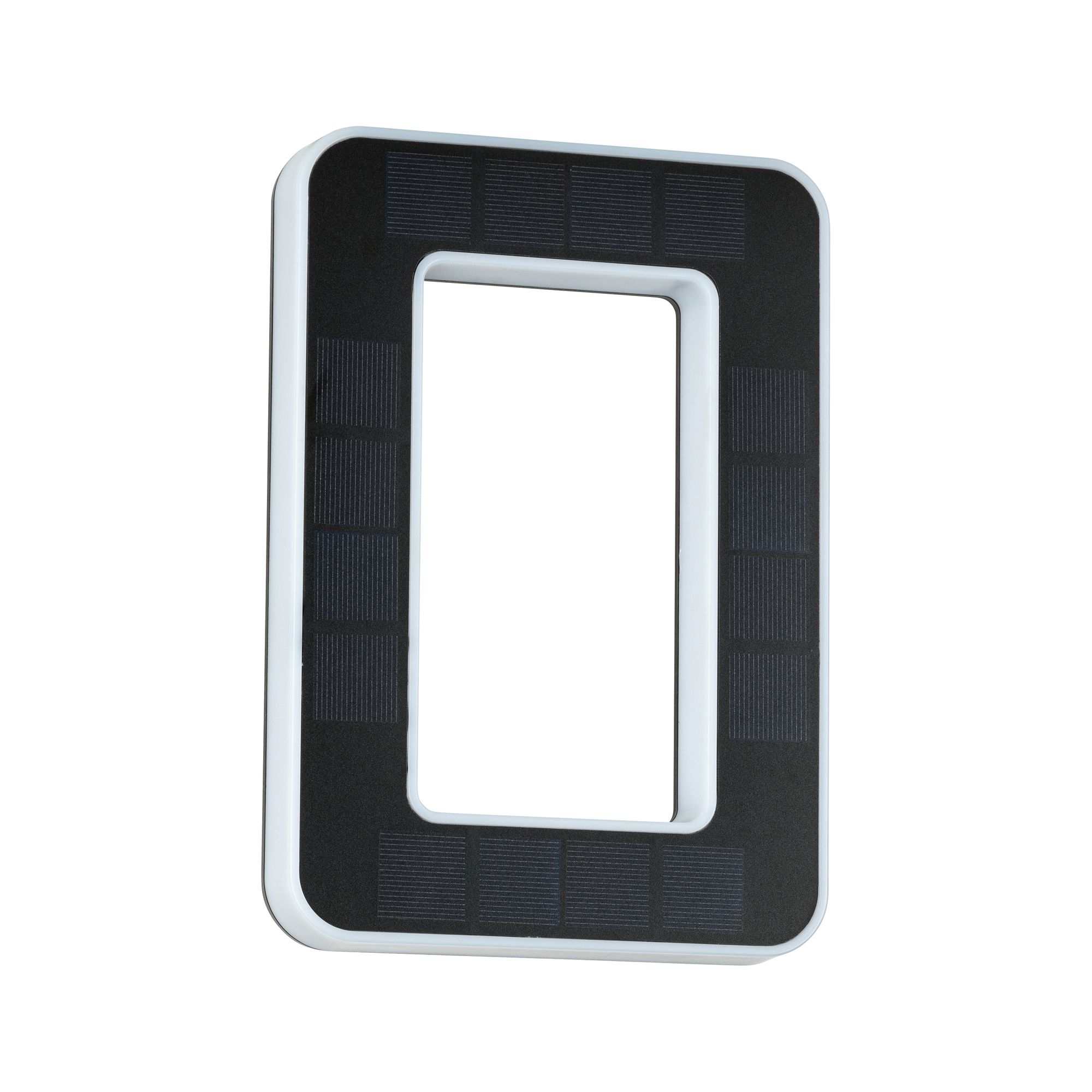 Rectangular white LED frame with black solar panels for energy-efficient lighting